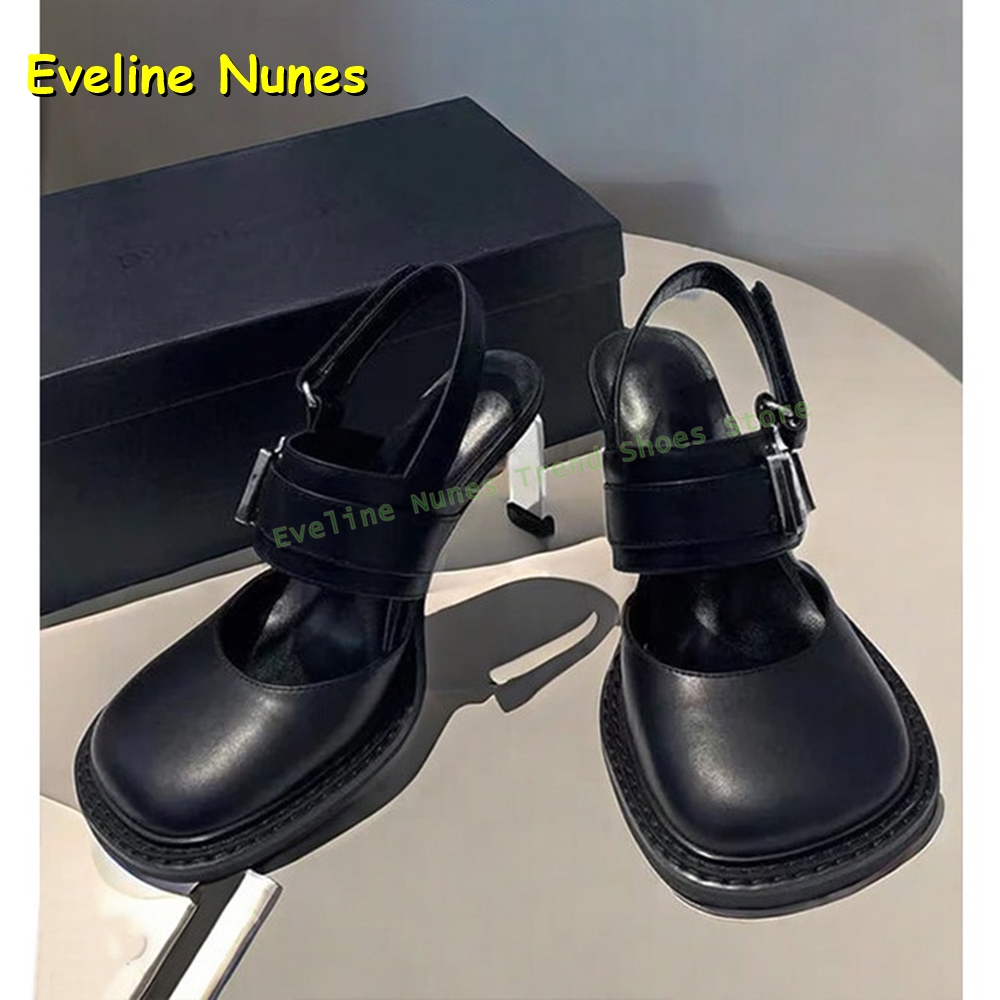 Women'S Fashion Boots - صنادل نسائية سوداء بكعب سميك وحزام