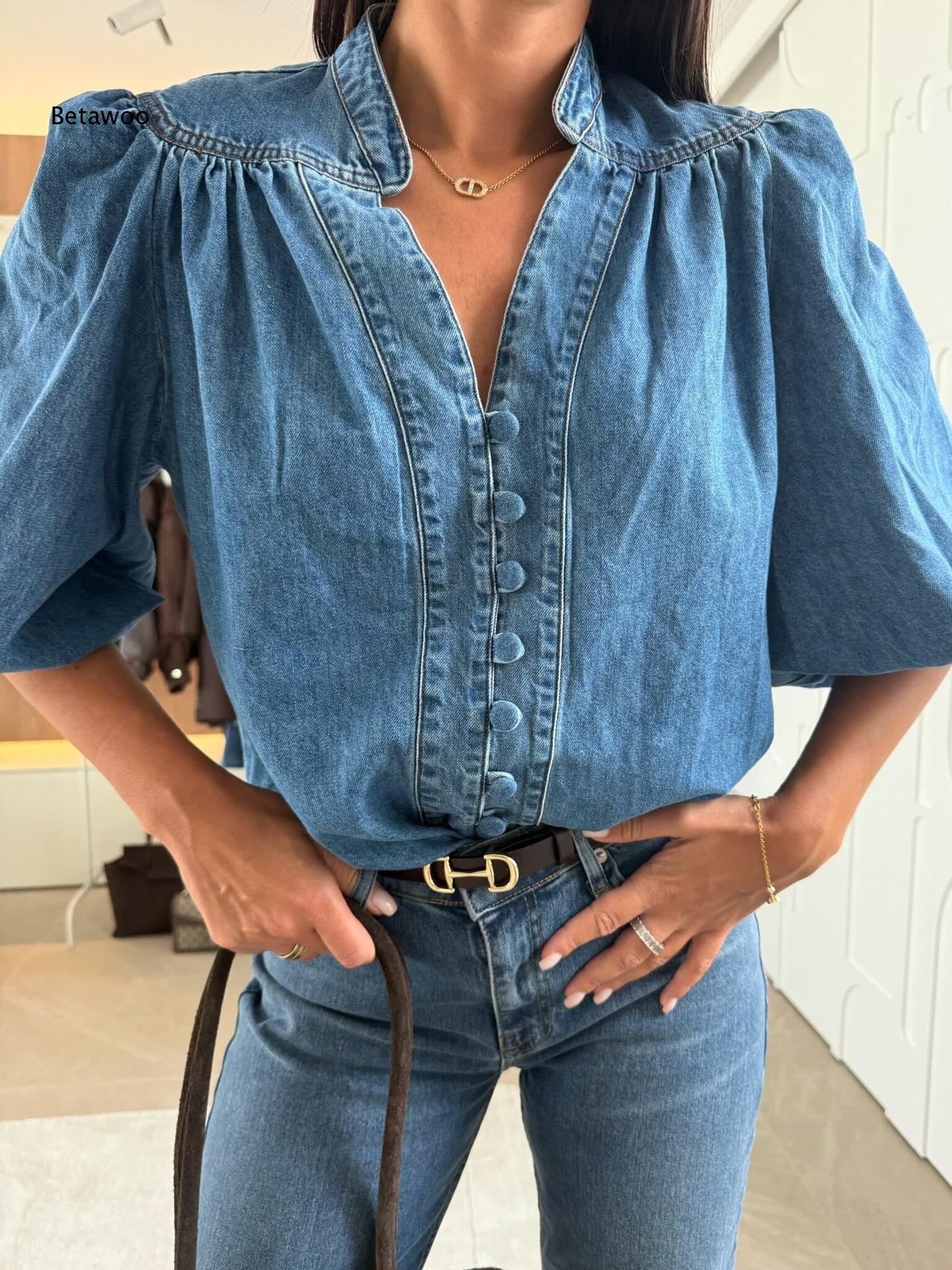 Puff Sleeve Blouse - بلوزة نسائية من الدنيم بياقة قائمة