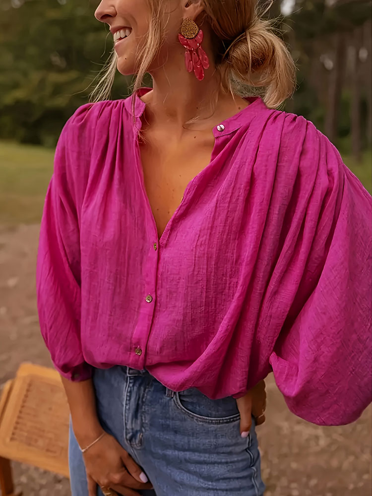 جديد أنيق الوقوف طوق طويلة الأ - مراجعة Puff Sleeve Blouse وسعره