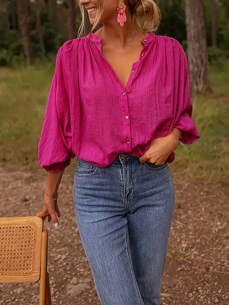 جديد أنيق الوقوف طوق طويلة الأ - مراجعة Puff Sleeve Blouse وسعره