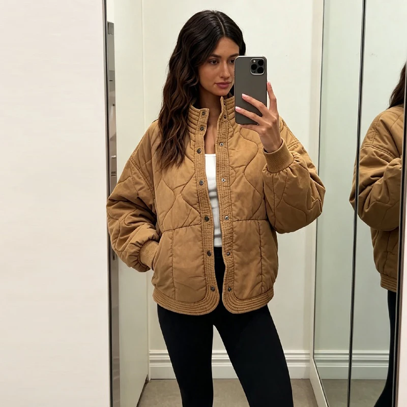 معطف نسائي فضفاض بياقة مرتفعة  - مراجعة Women'S Fashion Quilted Jacket وسعره