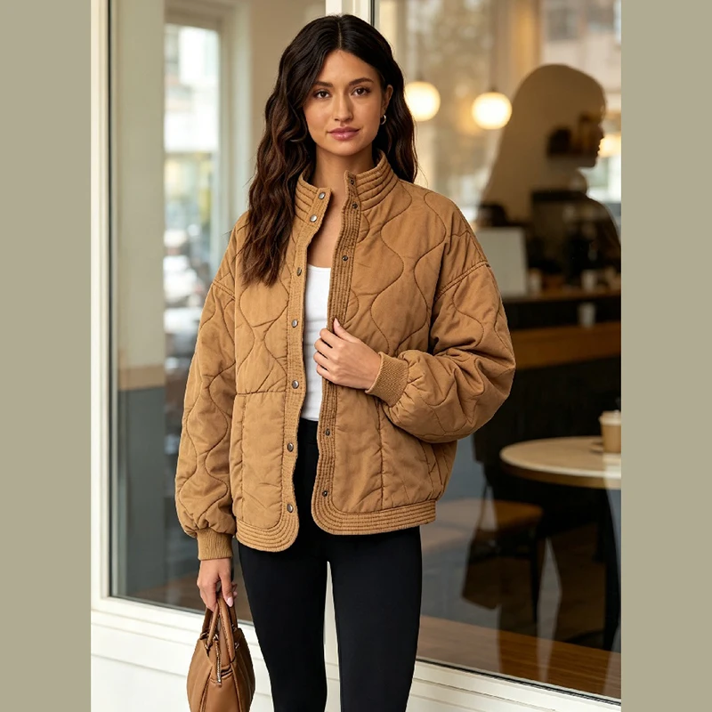 معطف نسائي فضفاض بياقة مرتفعة  - مراجعة Women'S Fashion Quilted Jacket وسعره